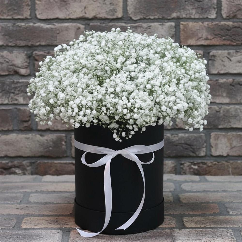 Цветочная композиция из Гипсофила в шляпной коробке в Железнодорожный Подольского района