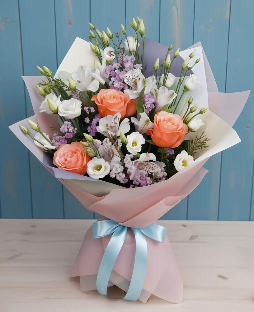 Букет Утренняя свежесть в Железнодорожный Подольского района Букет цветов из: Лизиантусы, Розы, Альстромерии и Гипсофила в Железнодорожный Подольского района