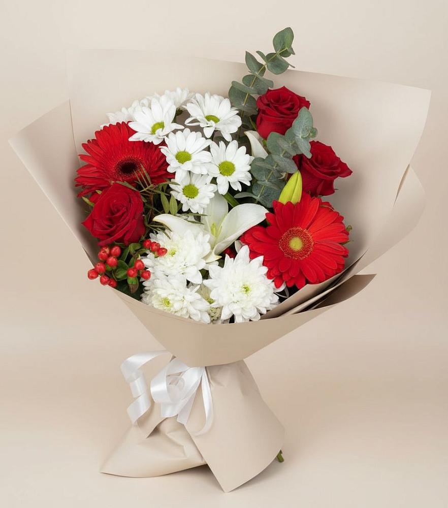 Букет поцелуй лета в Железнодорожный Подольского района Букет цветов из: Розы, Хризантемы, Герберы и Лилии в Железнодорожный Подольского района